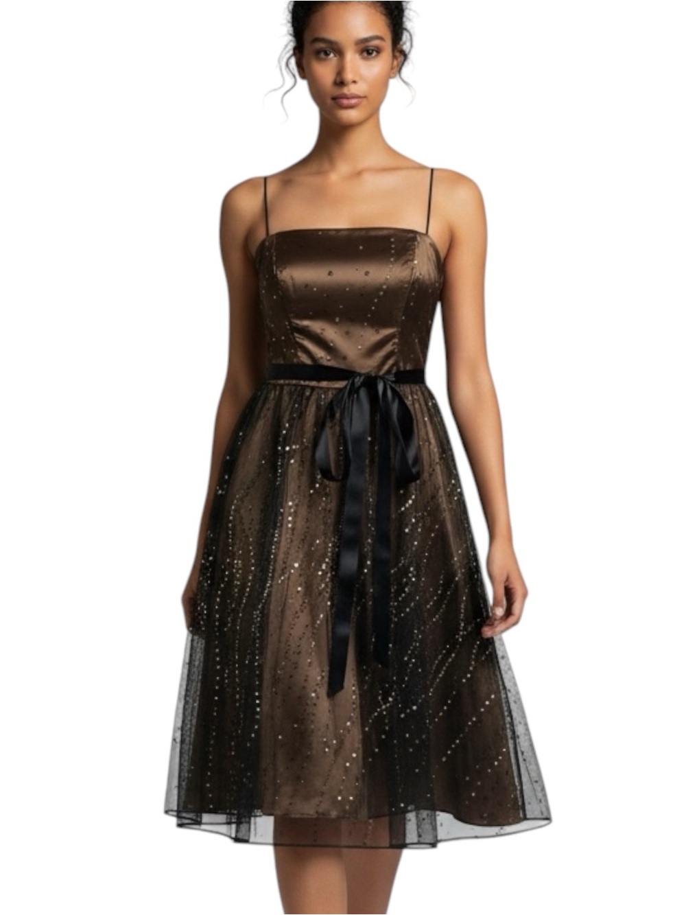 Carol Lin Tulle Black Brown Spaghetti-Strap Midi Dress With Bow NWOT Size 6